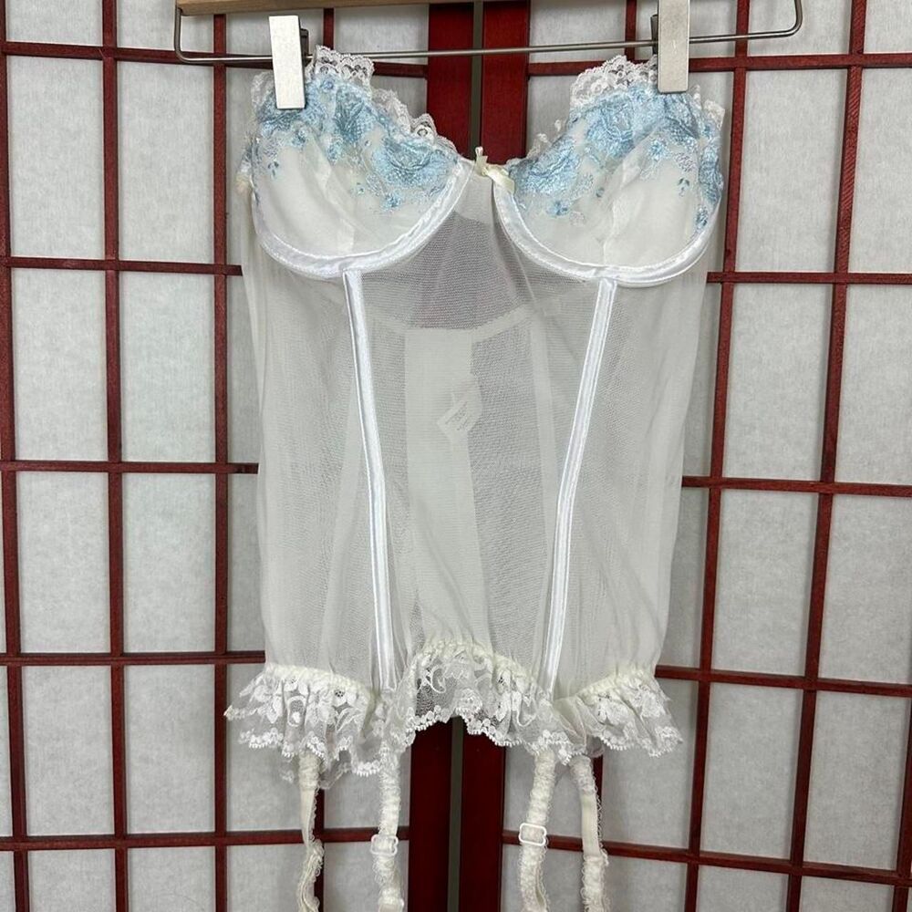 Vintage Victorias Secret White Blue Sheer Embroidered Bustier Corset Top